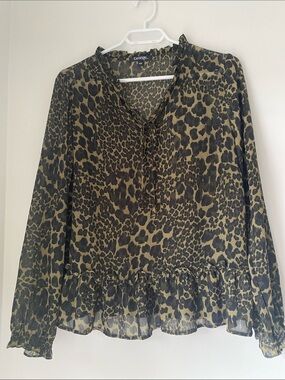 George Olive and Black Leopard Print Long Sleeve Ruffle Hem Blouse